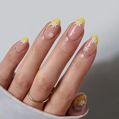 Baldursbrá gervineglur frá La Belle Beauty, gult french með blómum, 30 stykki